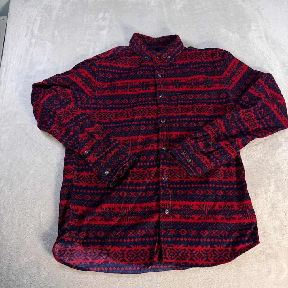 Express Corduroy Shirt Slim Fit Mens Medium Red Navy Fair Isle Soft Wash Cotton